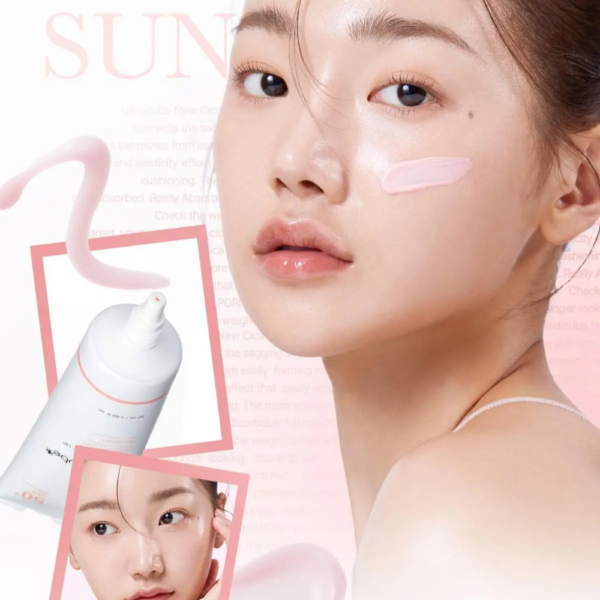 medicube-spf-model Crema cu protectie solara SPF50+ PA++++ cu PDRN, glutation si niacinamida Medicube Pink Tone Up 50ml