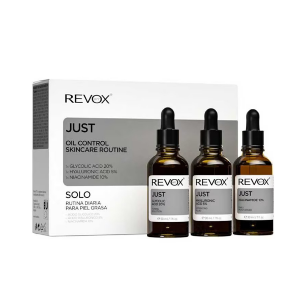 Set pentru ten gras pentru controlul sebumului Revox B77 Just Niacinamide 10 %, Hyaluronic Acid 5%, Glycolic Acid 20% 3x30ml